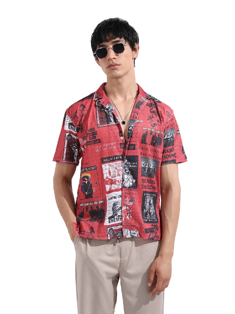 Men's Red Casual Printed Regular Fit Shirt