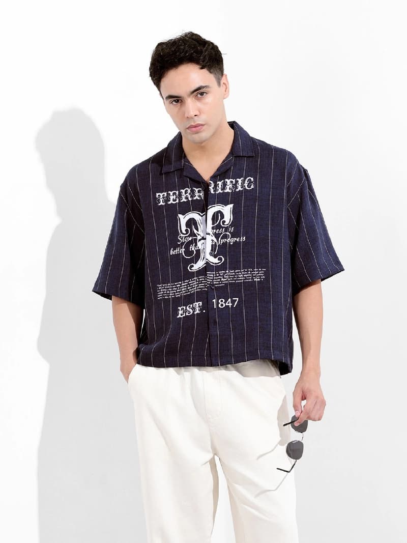 Men's Blue Casual Printed Boxy Fit Shirt