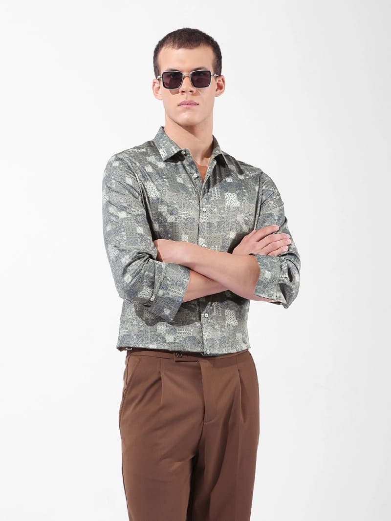 Men's Green Casual Printed Slim Fit Shirt