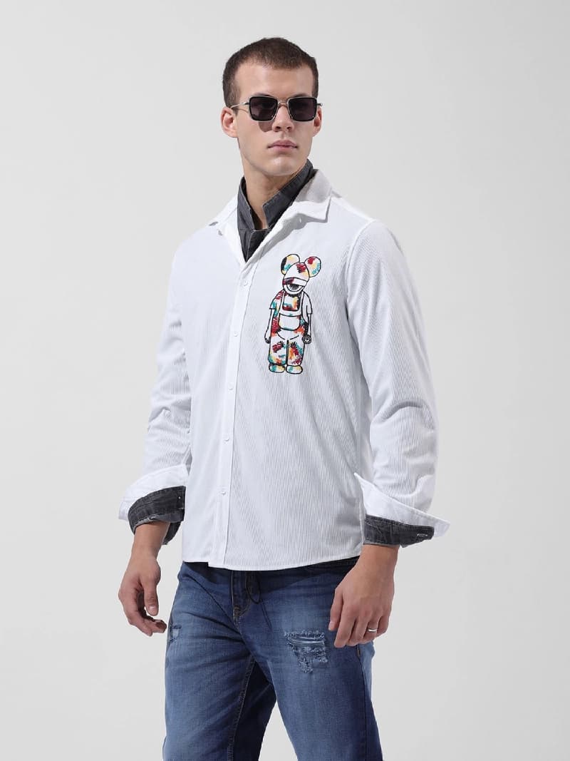 Men's White Casual Printed Regular Fit Shirt