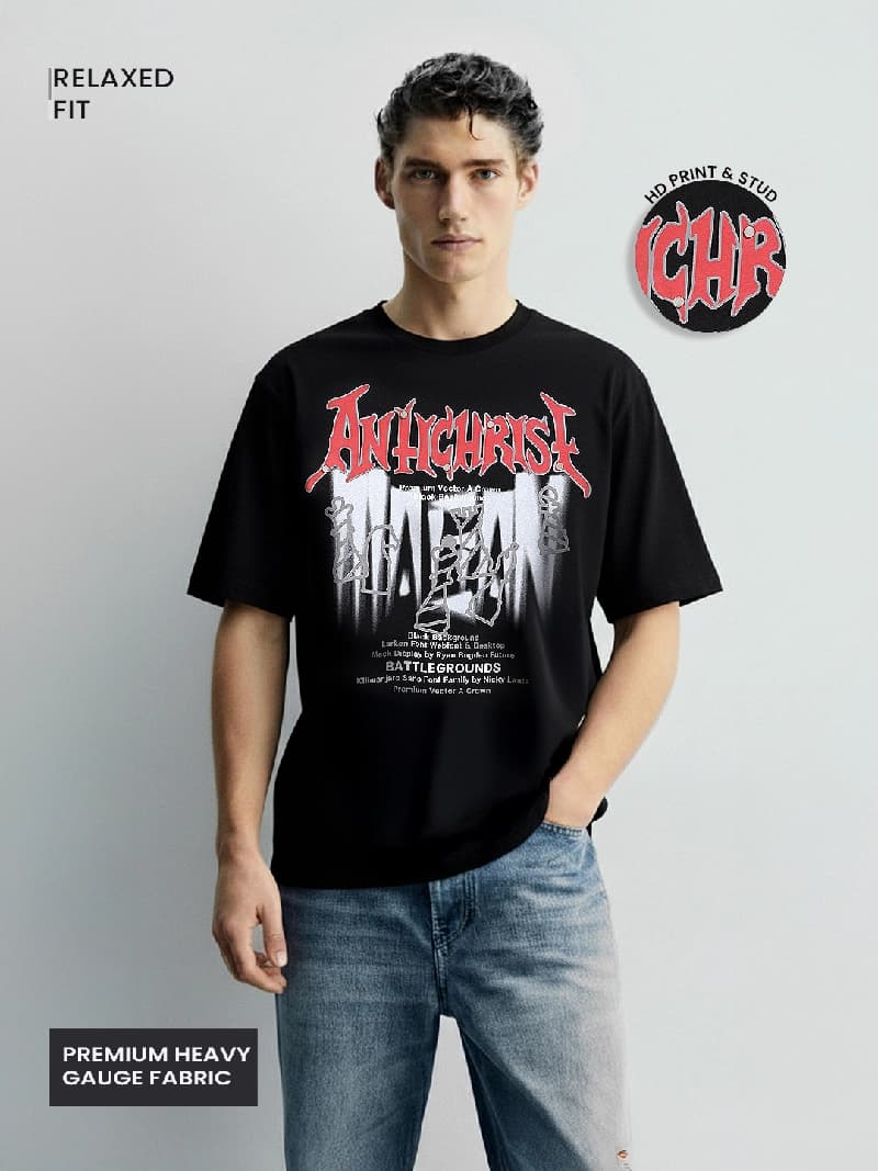 Men's Black Casual Printed Regular Fit Tshirt