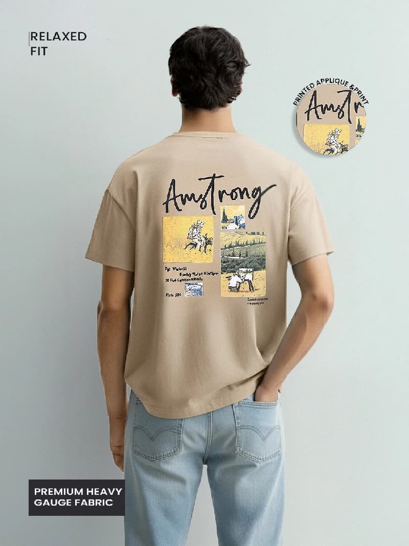 Men's Beige Casual Printed Regular Fit Tshirt