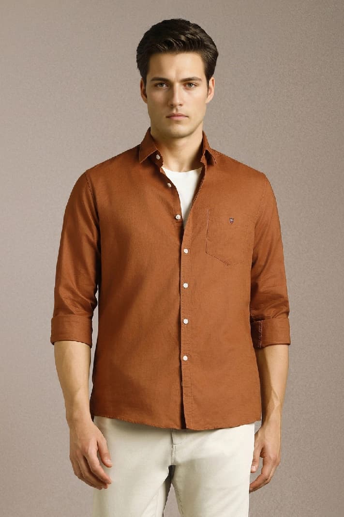 Men's Orange Casual Solid Slim Fit Shirt
