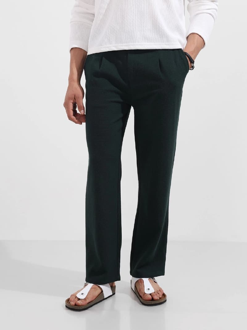 Men's Green Casual Solid Regular Fit Trouser