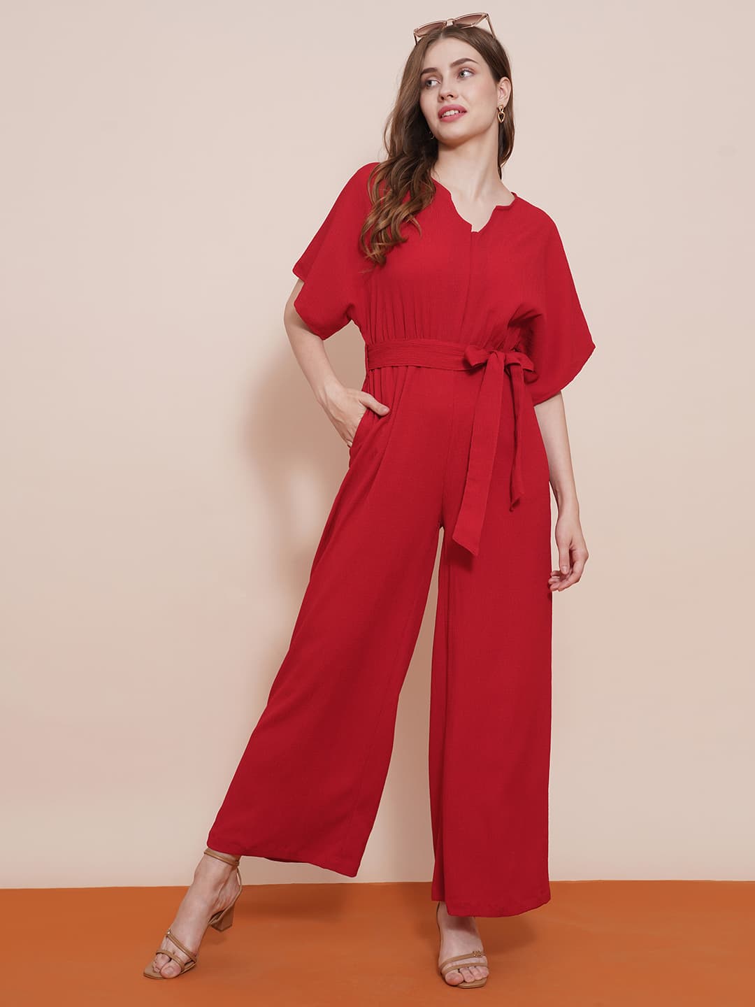 Women's Red Casual Solid Jumpsuit