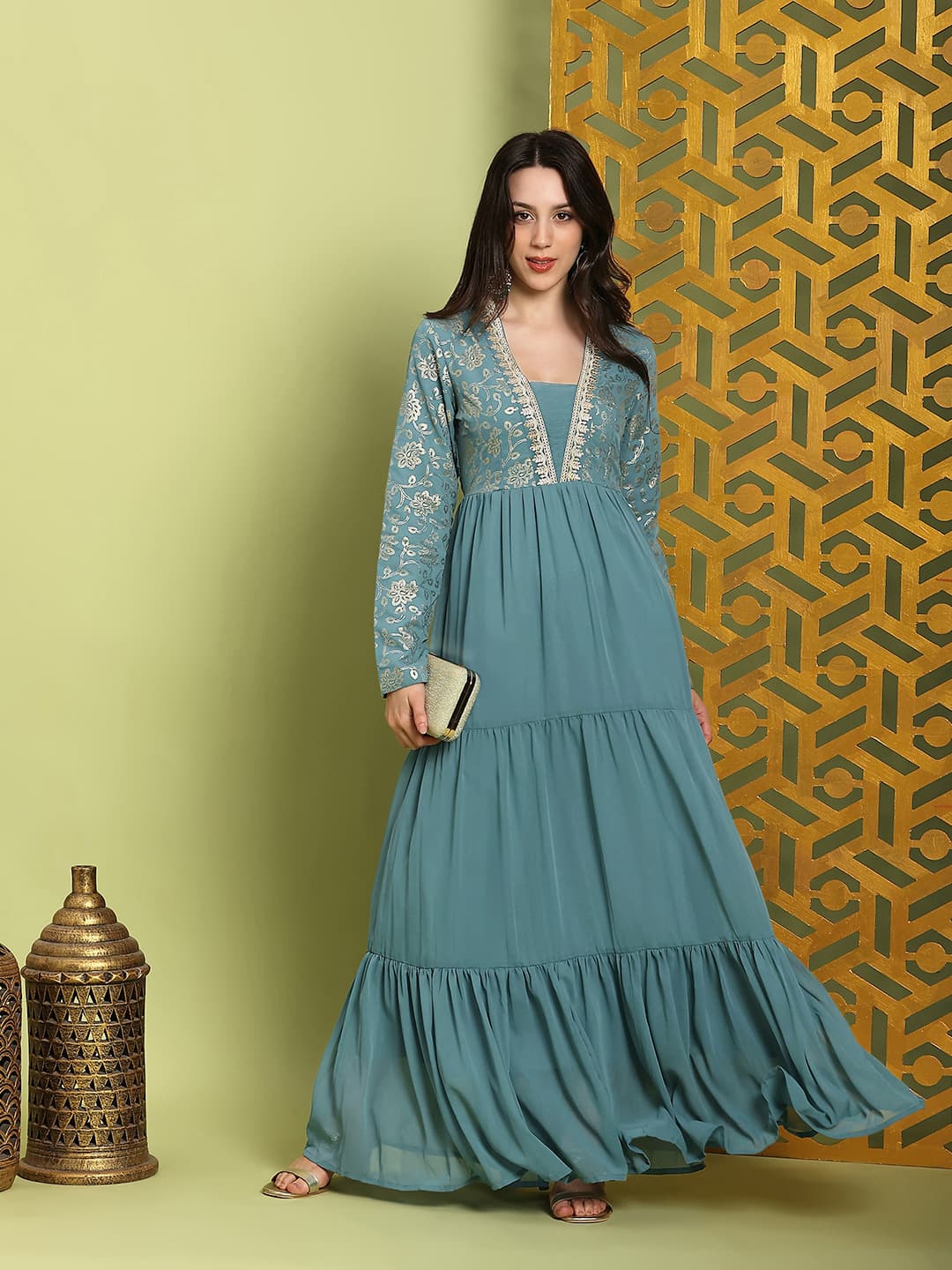 Women's Green Casual Printed Flared Fit Dress