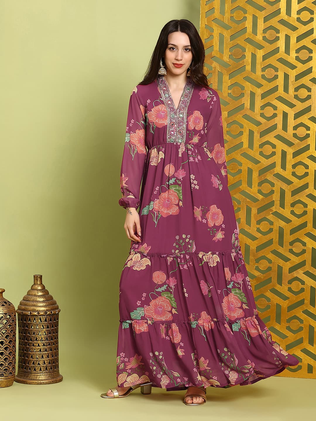 Women's Purple Casual Floral Flared Fit Dress