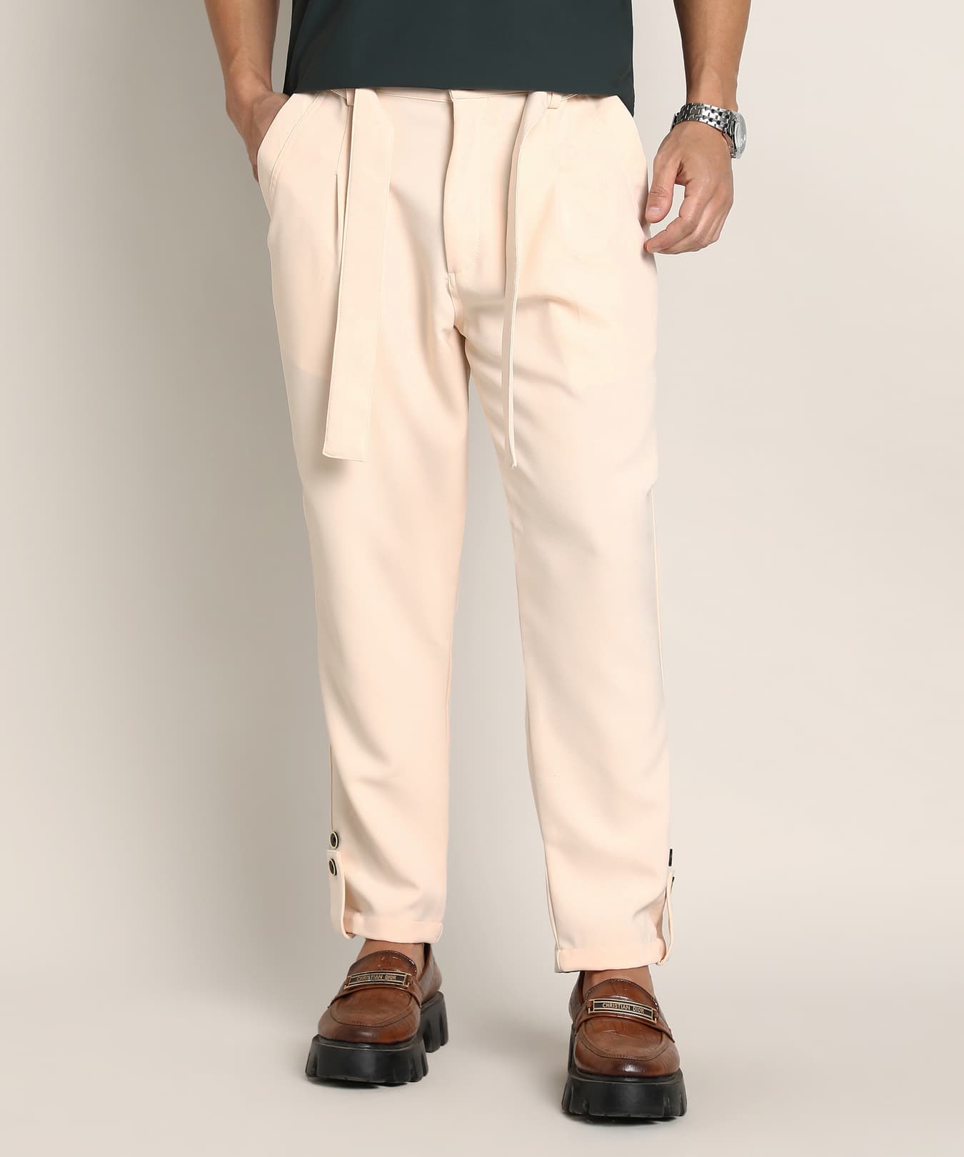 Men's White Casual Solid Regular Fit Trouser