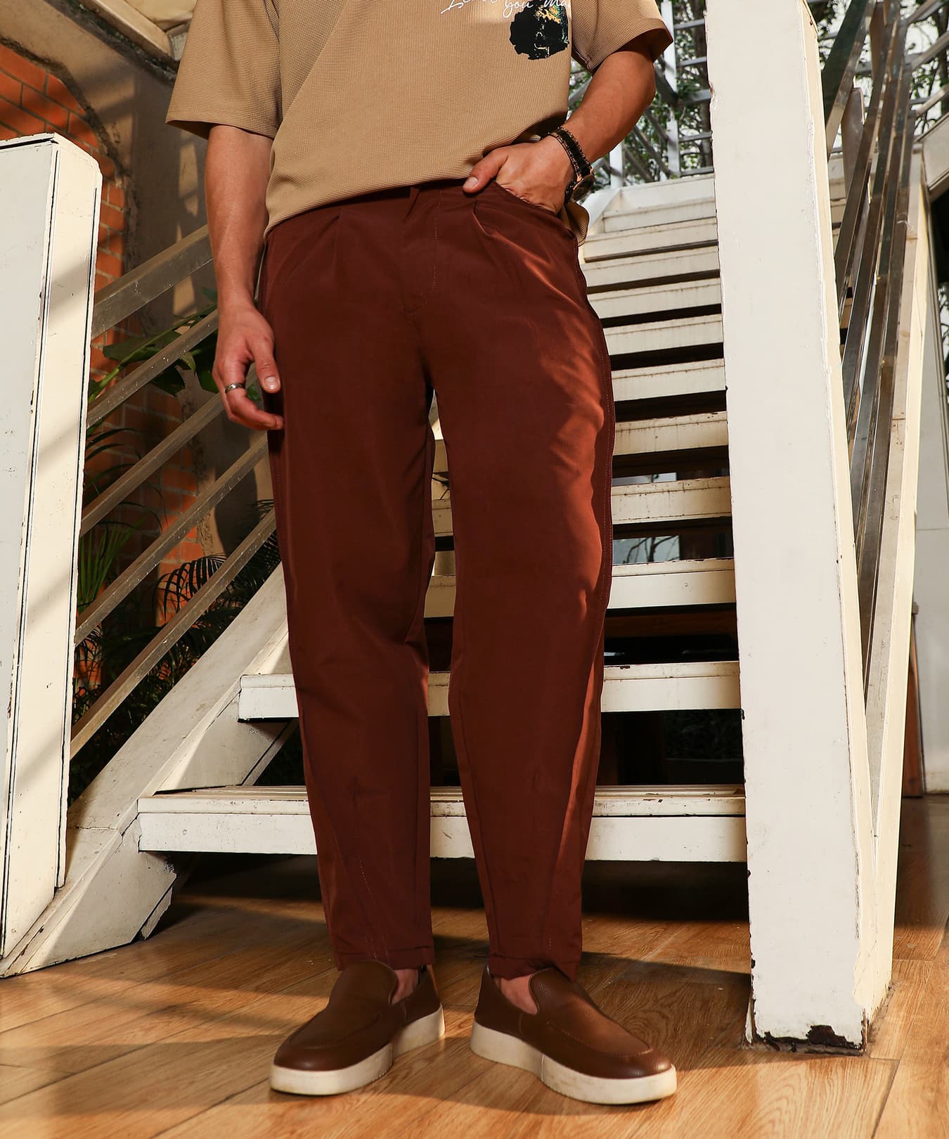 Men's Brown Casual Solid Regular Fit Trouser