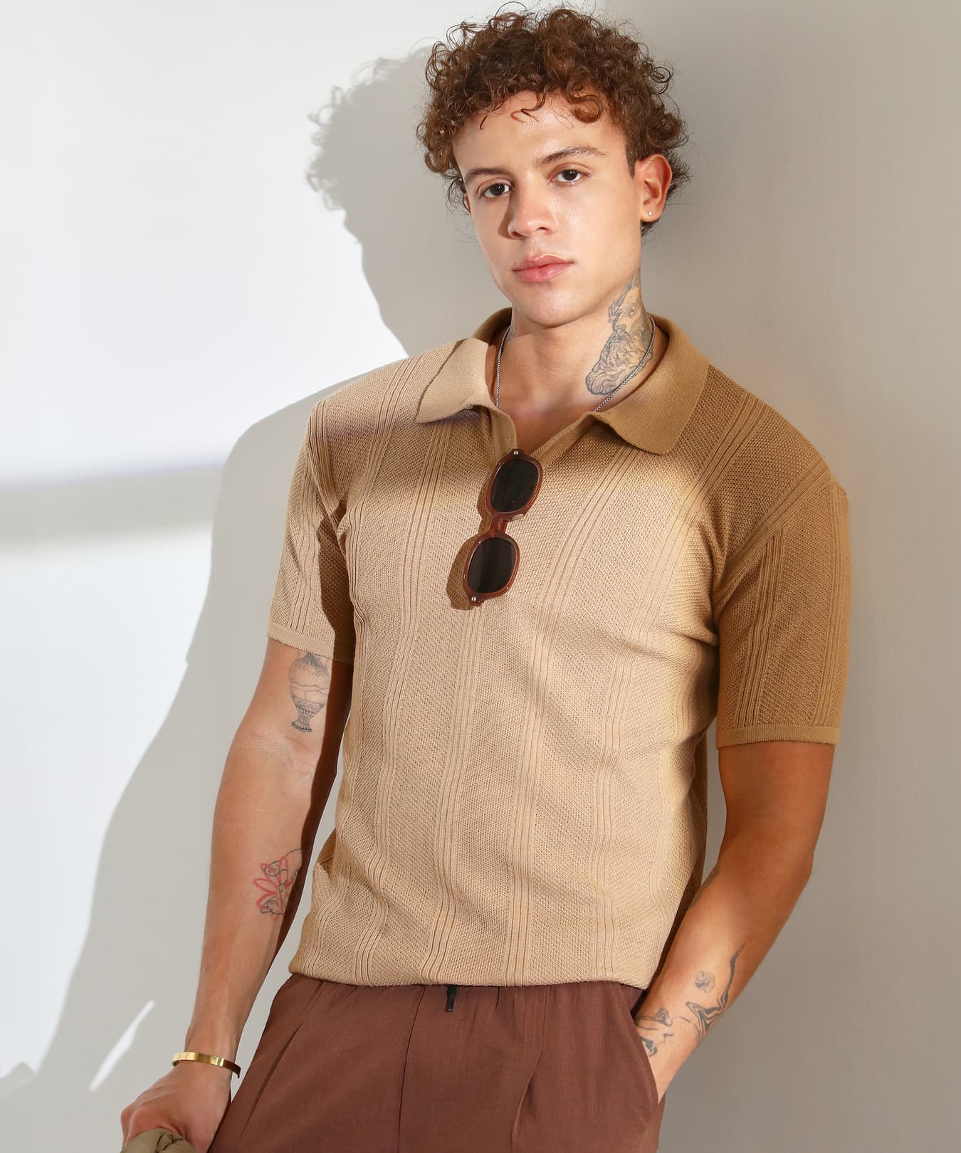 Men's Beige Casual Textured Regular Fit Tshirt