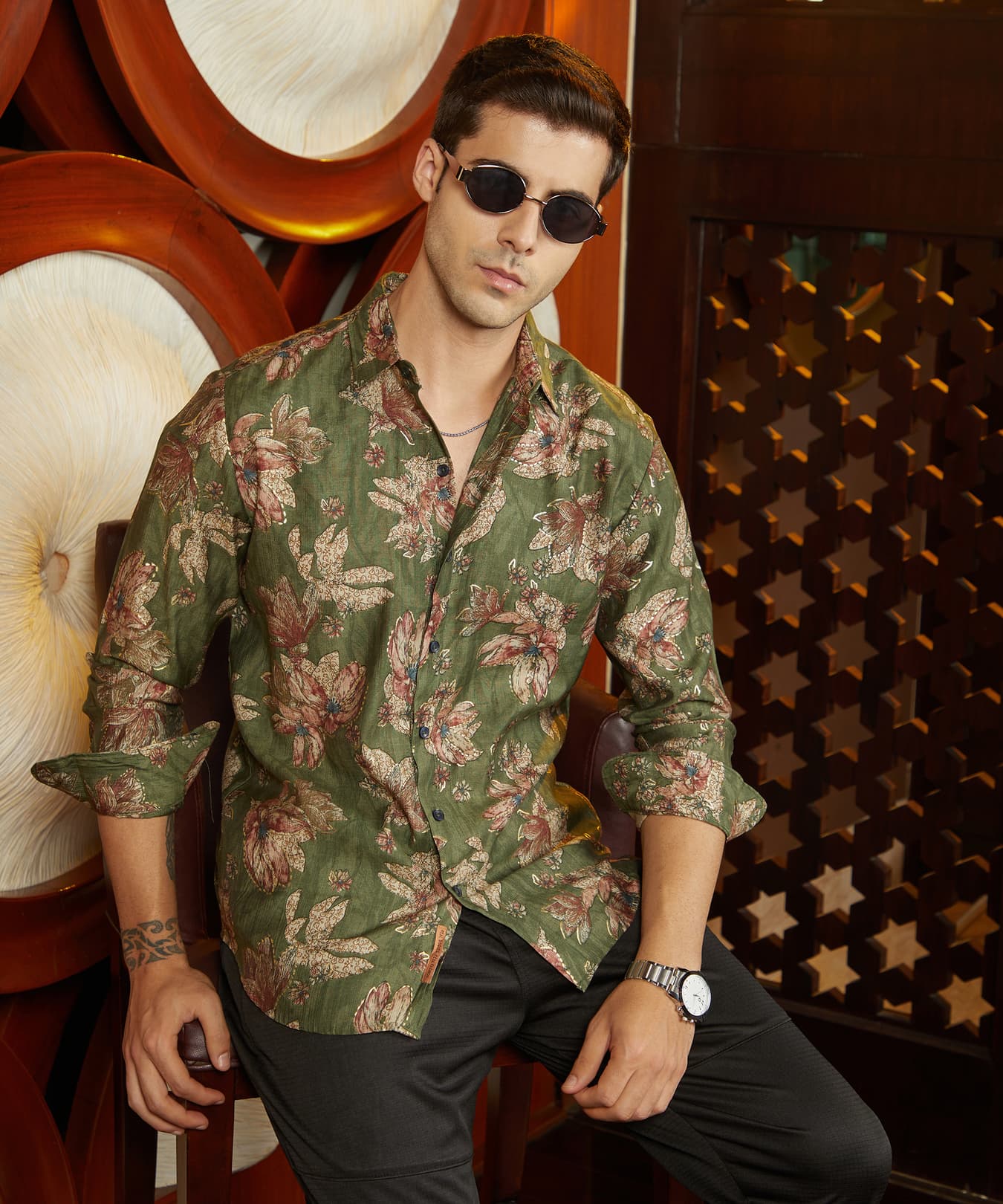 Men's Green Casual Printed Regular Fit Shirt