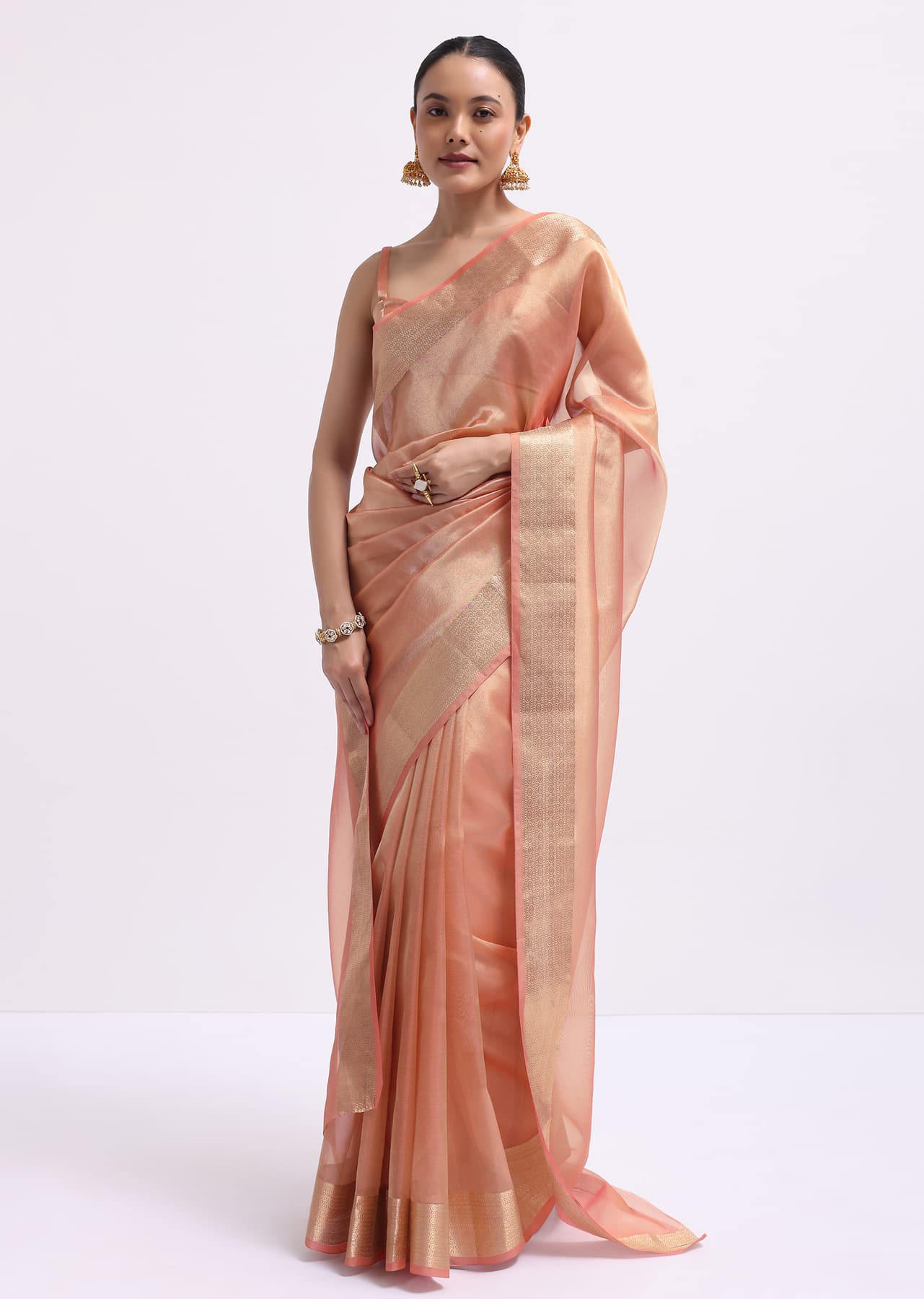 Women's Festive Peach Zari Woven Chanderi Saree With Unstitched Blouse