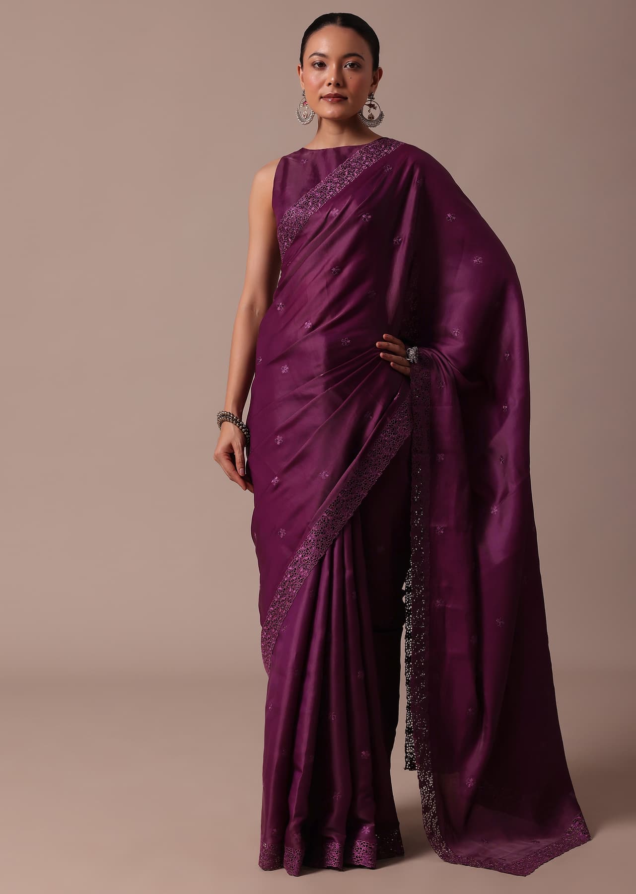 Women's Festive Wine Embroidered Tussar Saree With Unstitched Blouse