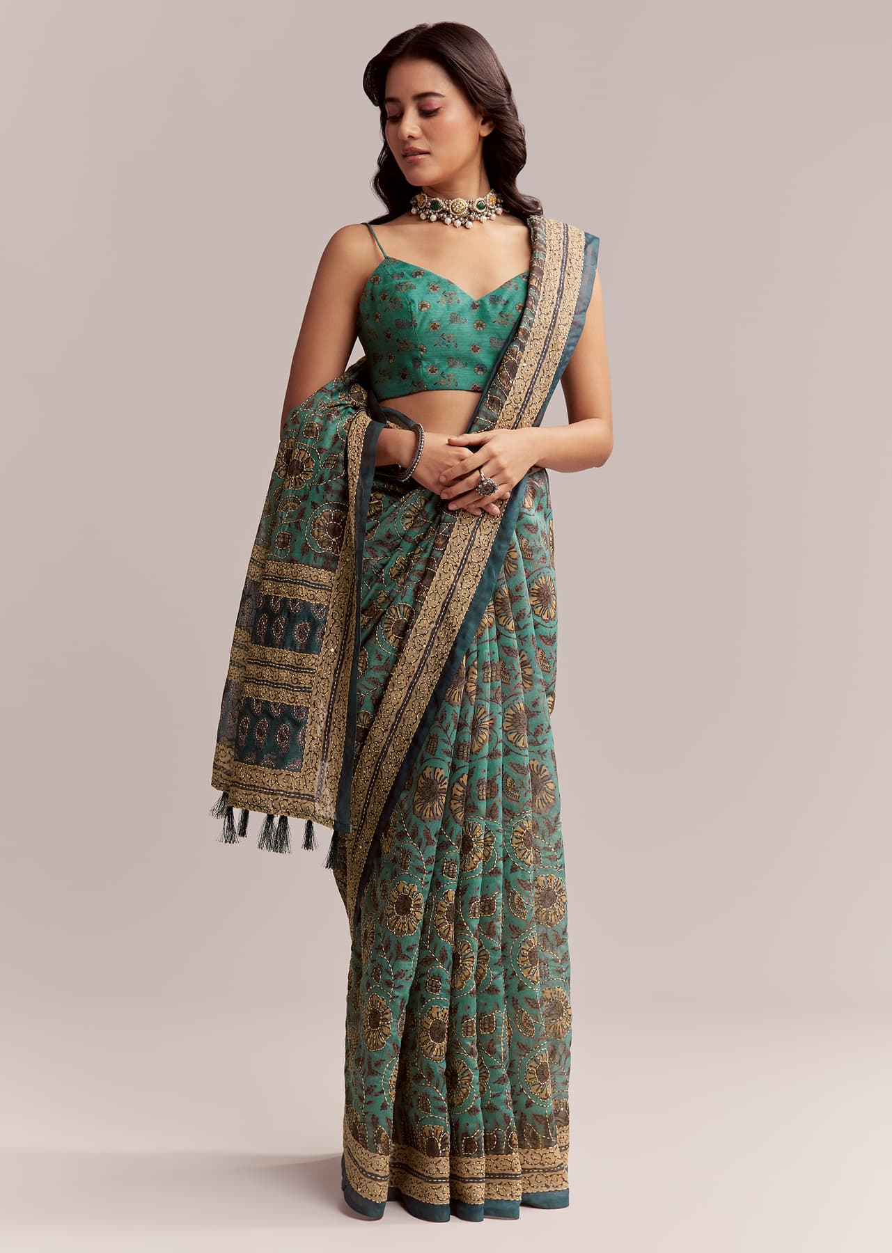 Women's Casual Green Linen Printed Saree With Heritage Ajrakh Work