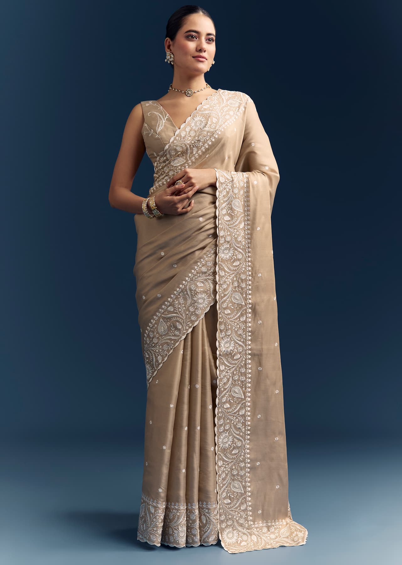Women's Festive Beige Satin Cotton Saree With White Resham Embroidery