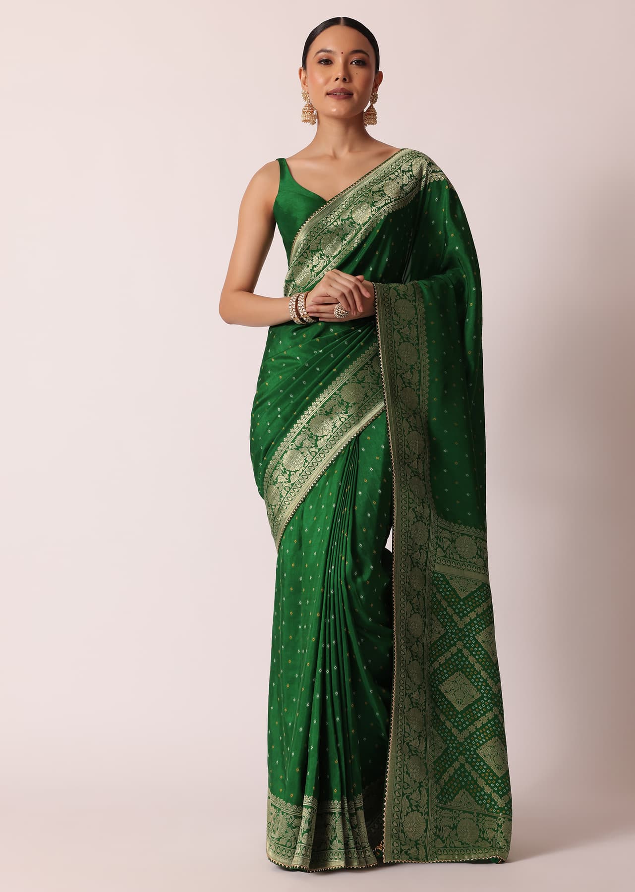 Women's Festive Green Bandhani Silk Saree With Woven Motif And Unstitched Blouse Piece