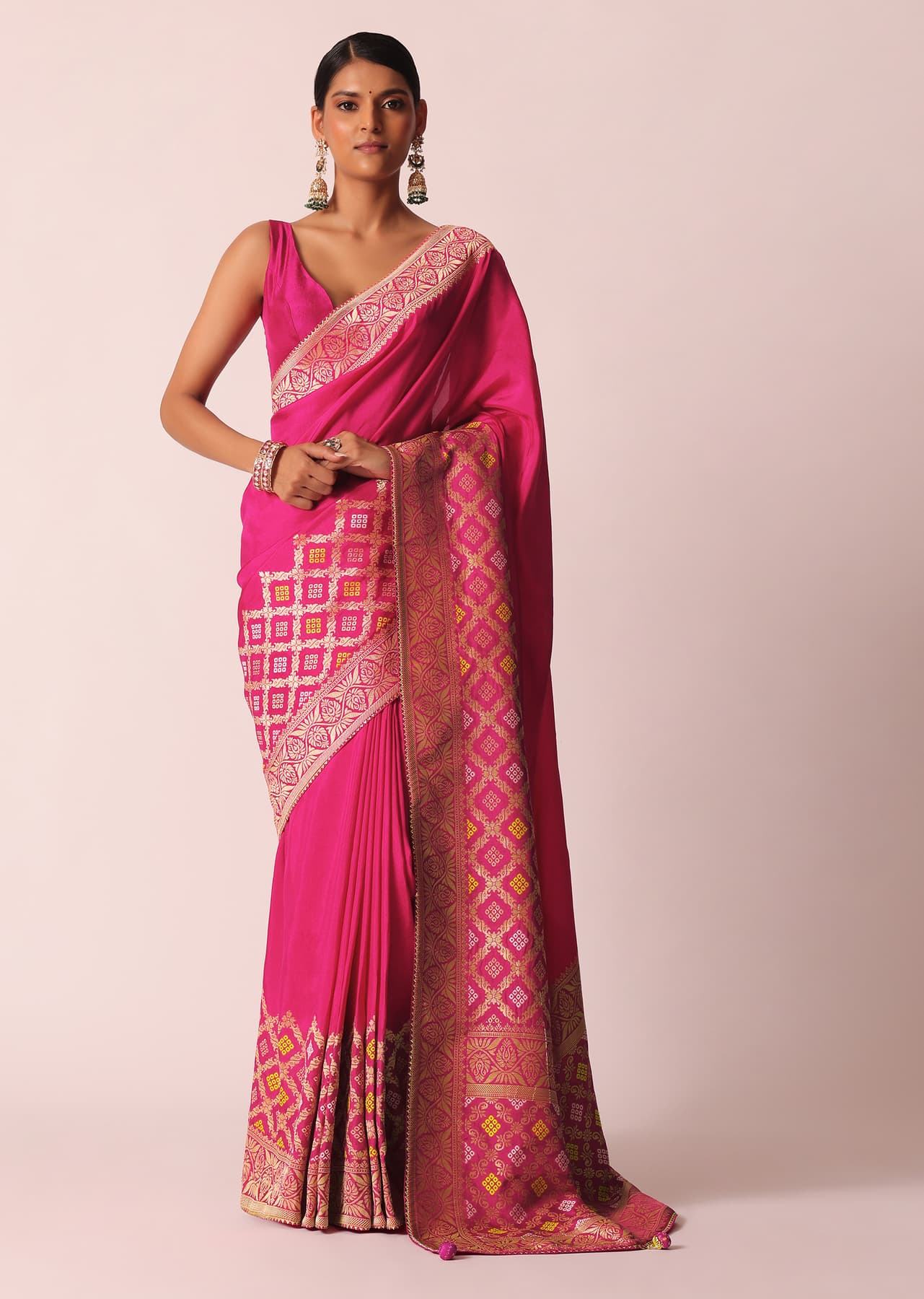 Women's Festive Rani Pink Silk Saree With Bandhani Detail And Unstitched Blouse Piece