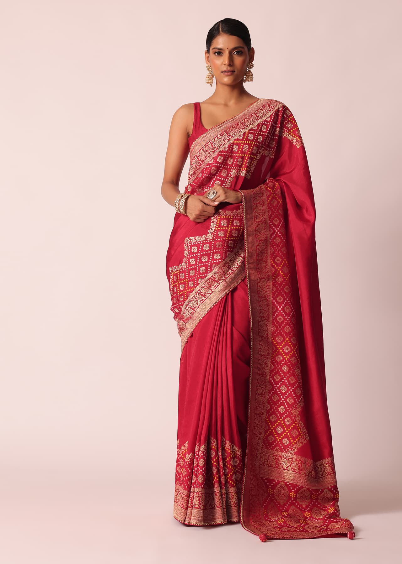 Women's Festive Red Bandhani Weave Saree In Silk With Unstitched Blouse Piece