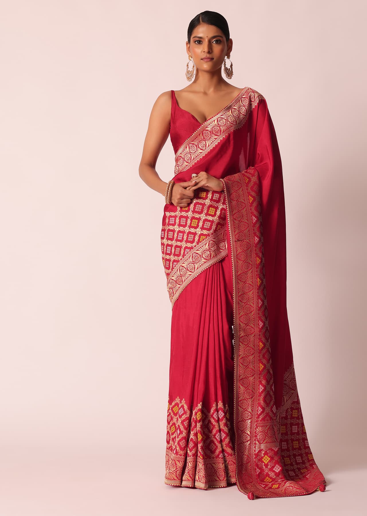 Women's Festive Red Silk Woven Saree With Bandhani Detail And Unstitched Blouse Piece