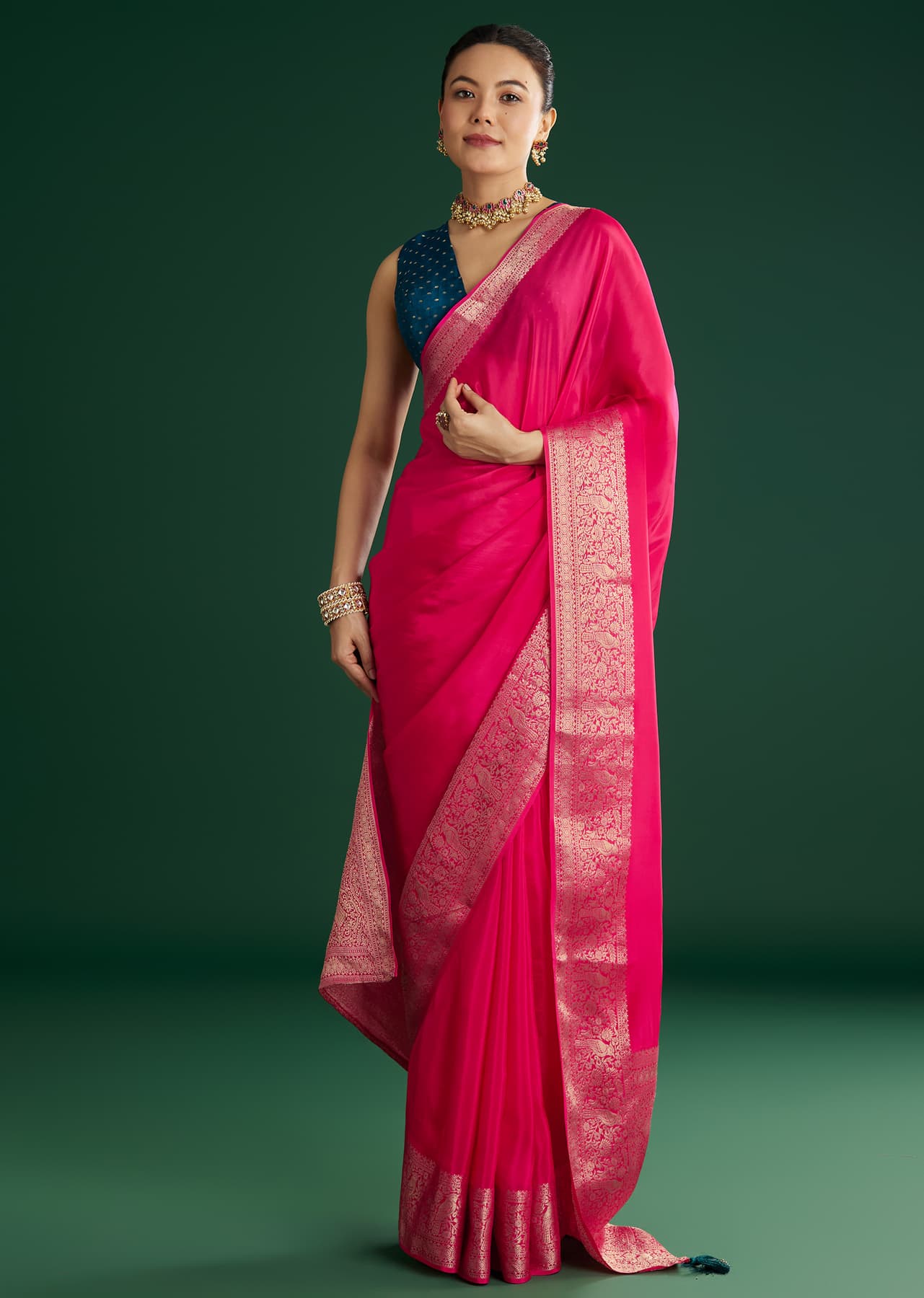 Women's Festive Rani Pink Dola Silk Saree With Woven Border And Pallu