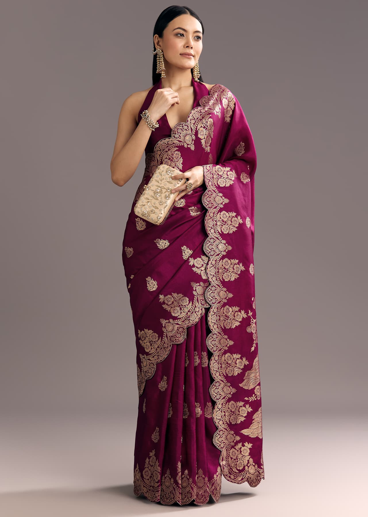 Women's Festive Wine Dola Silk Woven Motif Saree With Scallop Border