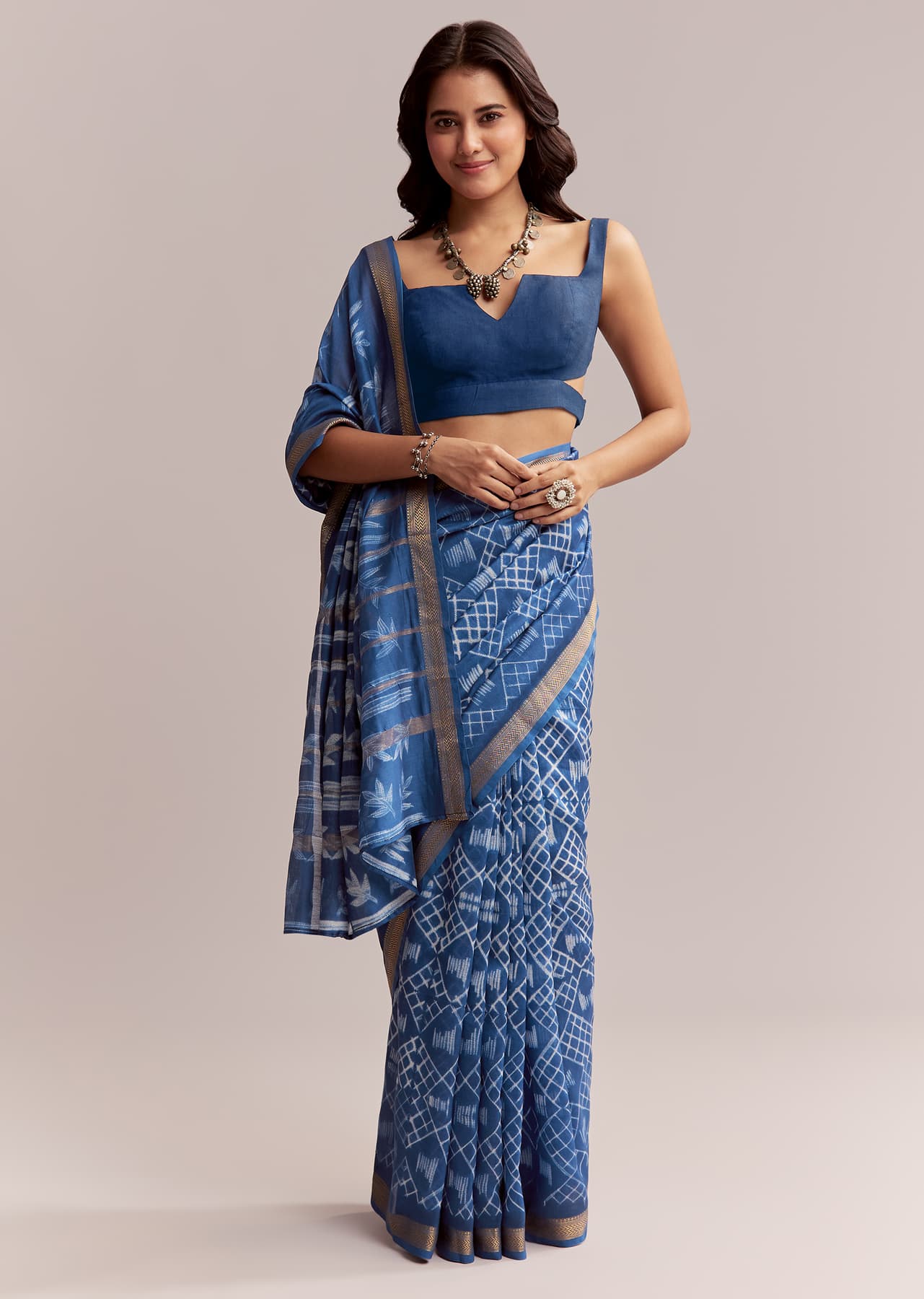 Women's Casual Ink Blue Linen Printed Saree With Heritage Shibori Print