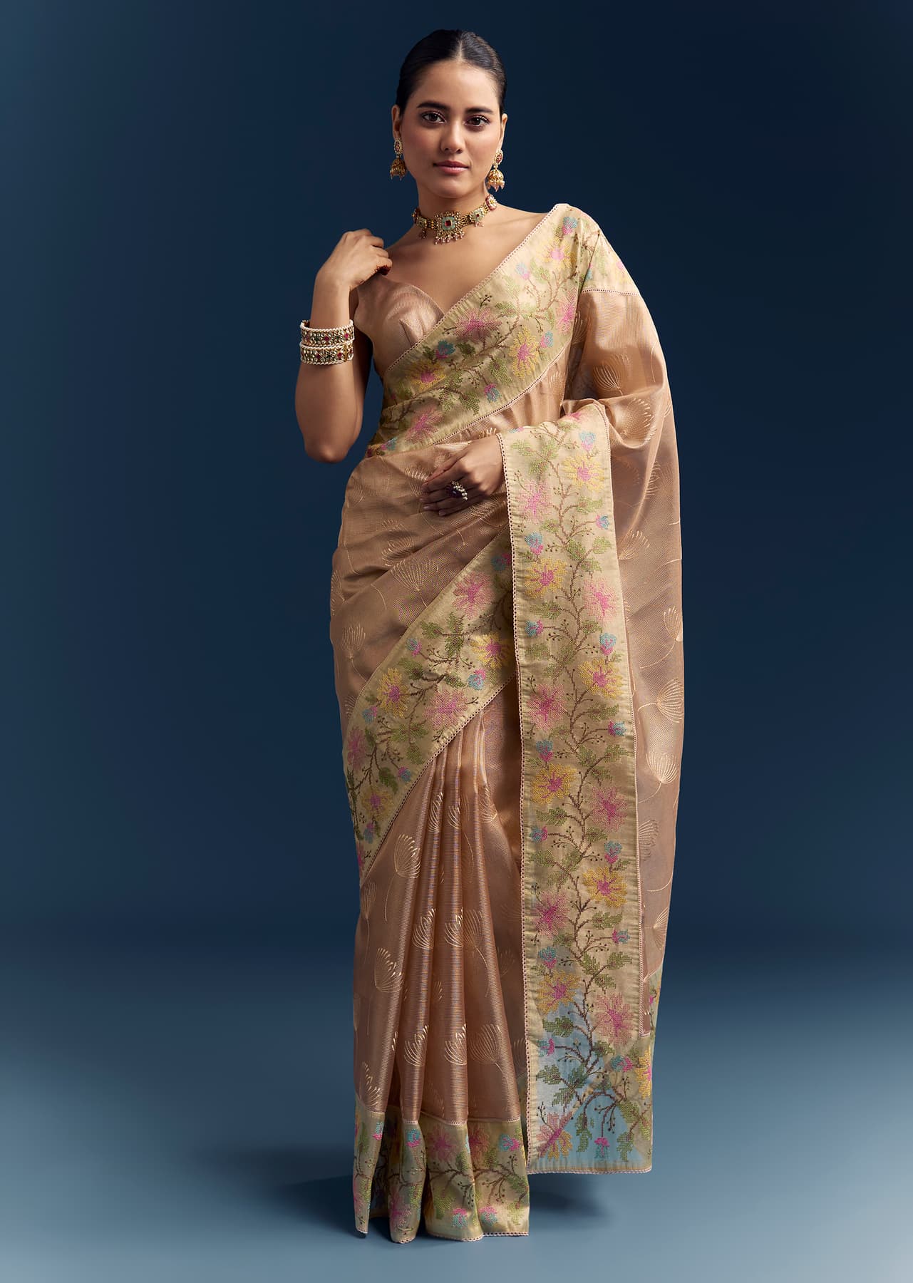 Women's Casual Peach Tissue Chanderi Silk Saree With Floral Resham Work
