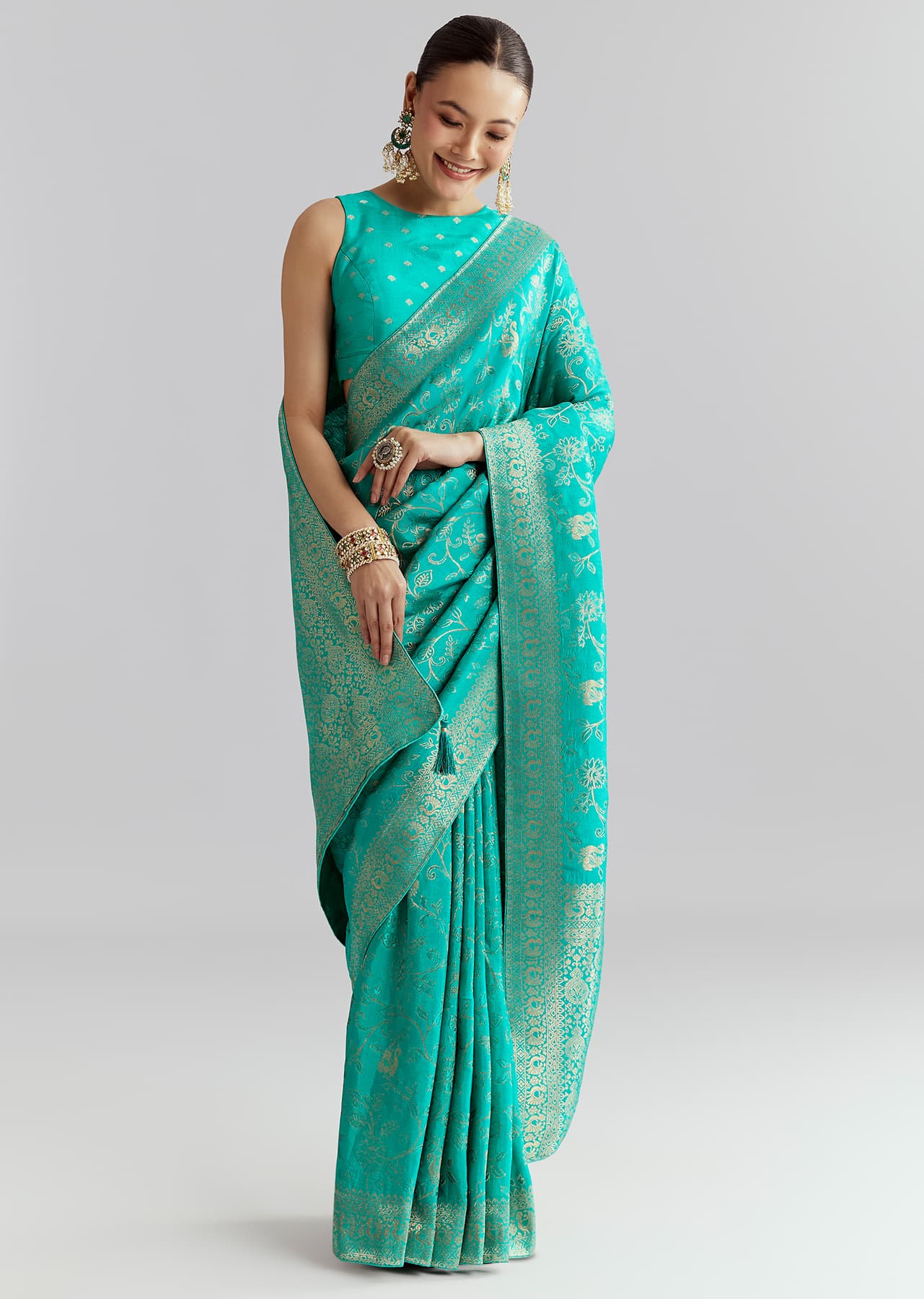Women's Festive Aqua Blue Dola Silk Woven Saree With Floral Jaal Work
