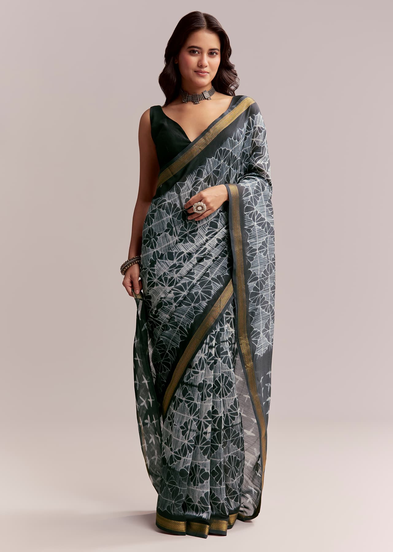 Women's Casual Midnight Blue Linen Printed Saree With Hand Dyed Shibori Print