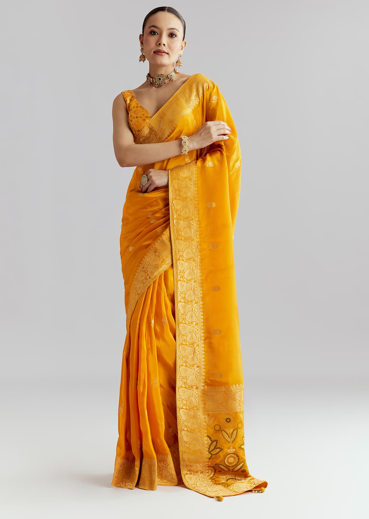 Women's Festive Mustard Yellow Silk Woven Saree With Floral Motif Embroidery