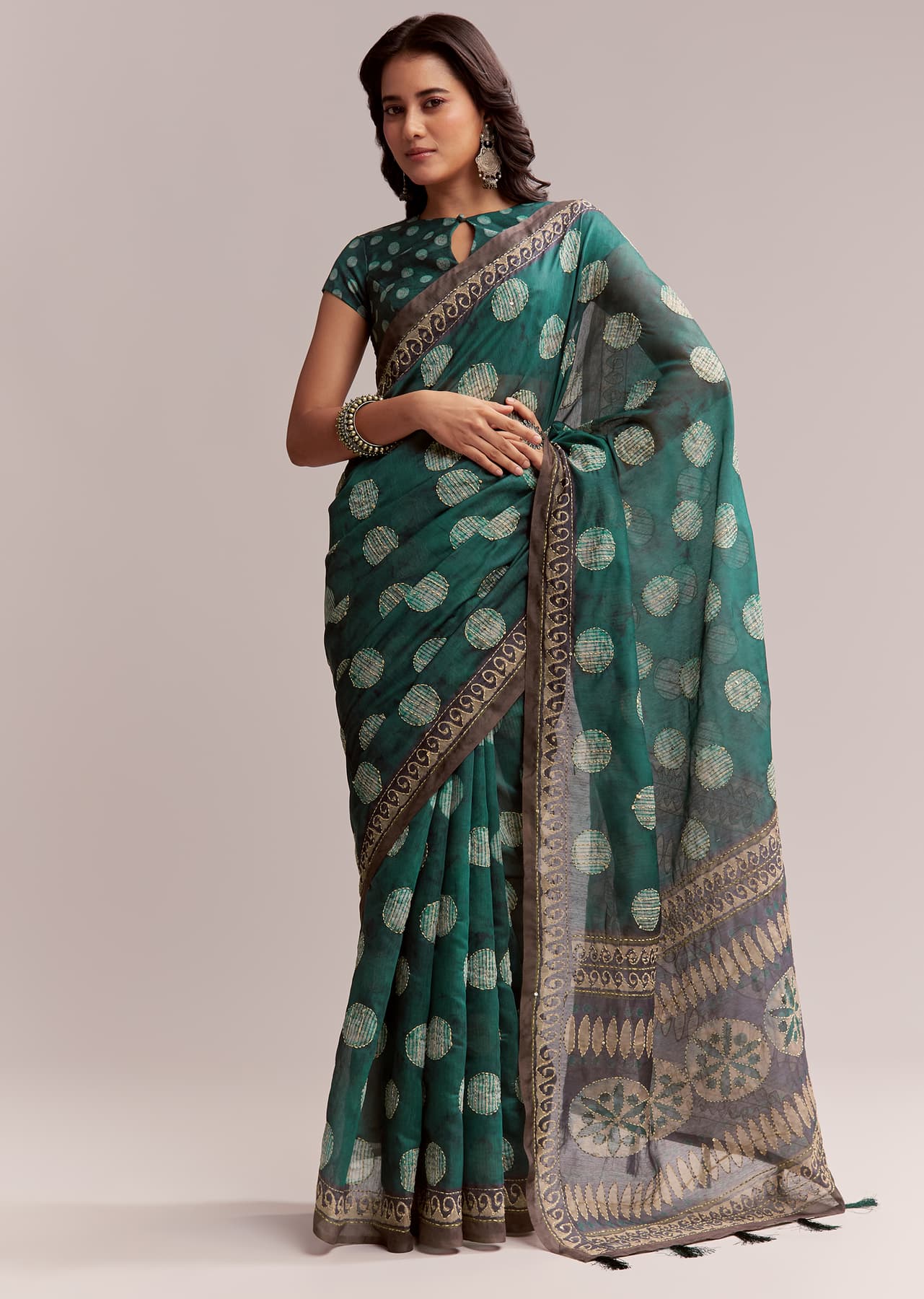 Women's Casual Teal Green Linen Printed Saree With Handcrafted Ajrakh Work
