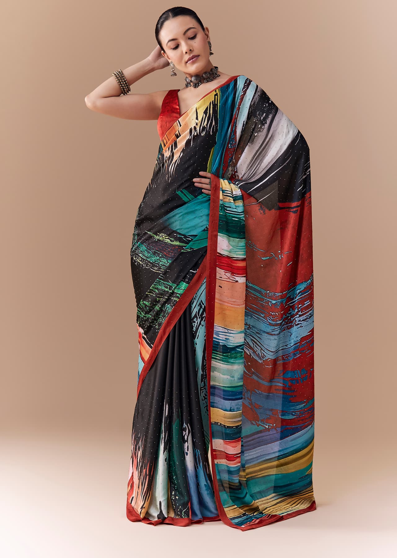 Women's Casual Black Satin Striped Printed Saree with Blouse Fabric