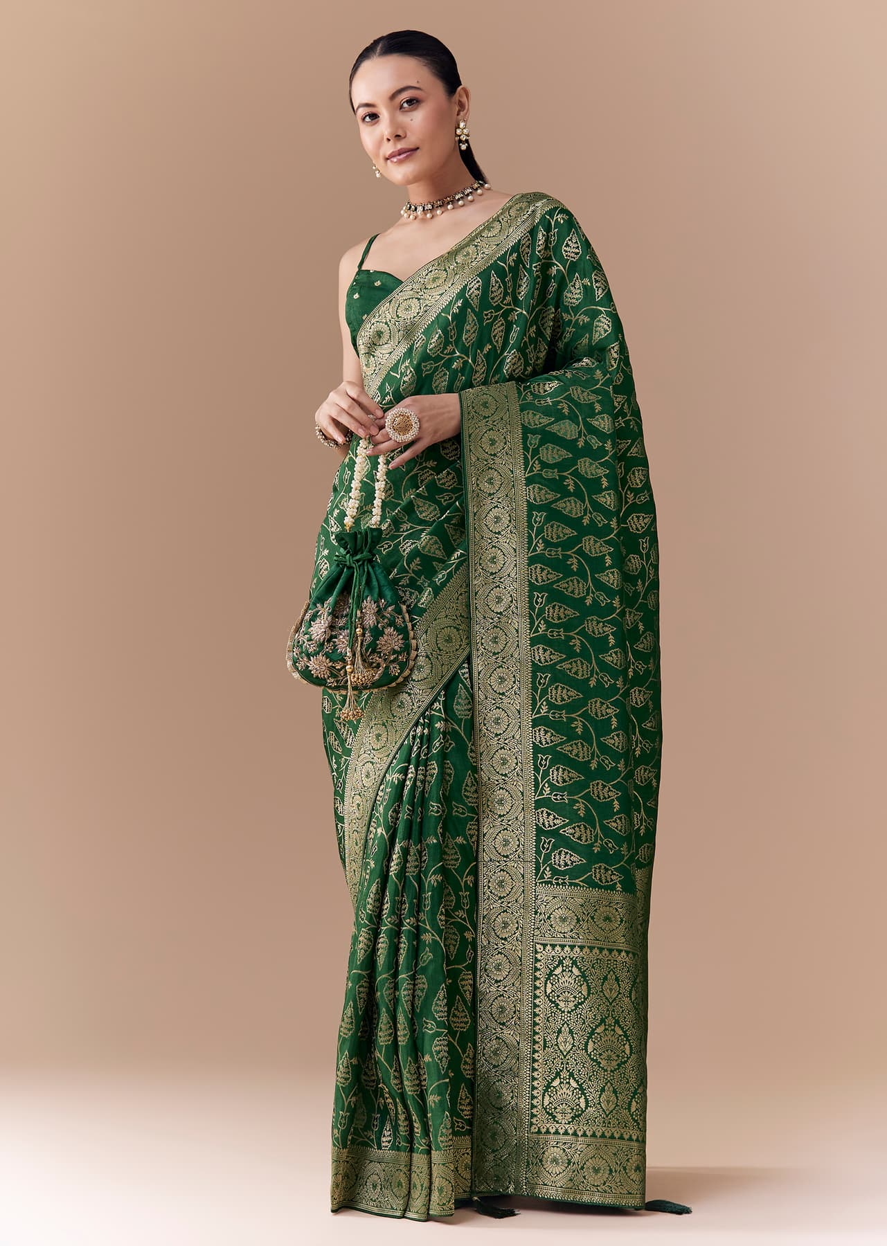 Women's Festive Green Dola Silk Woven Saree with Blouse Fabric