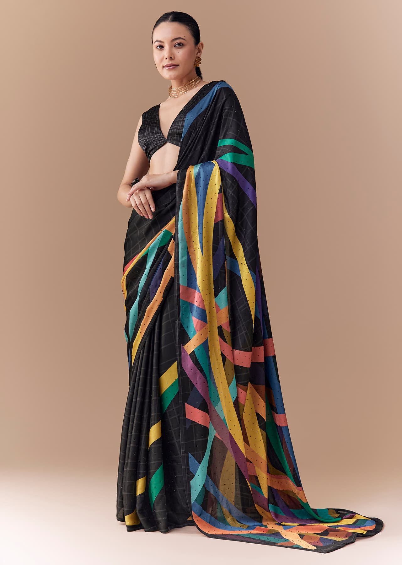 Women's Casual Black Checkered Printed Saree with Blouse Fabric