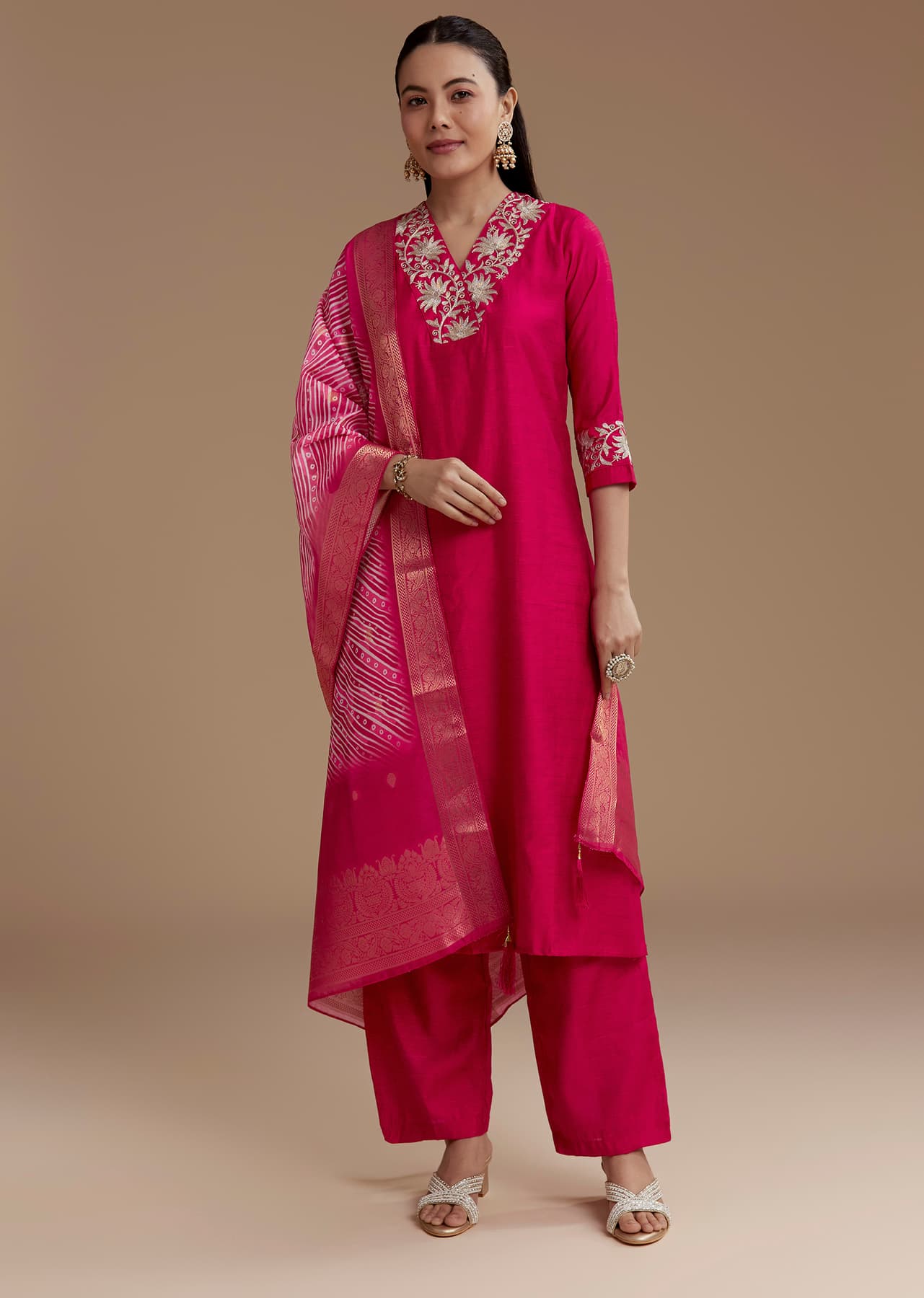 Women's Festive Pink Straight Silk Kurta Set with Zari Work