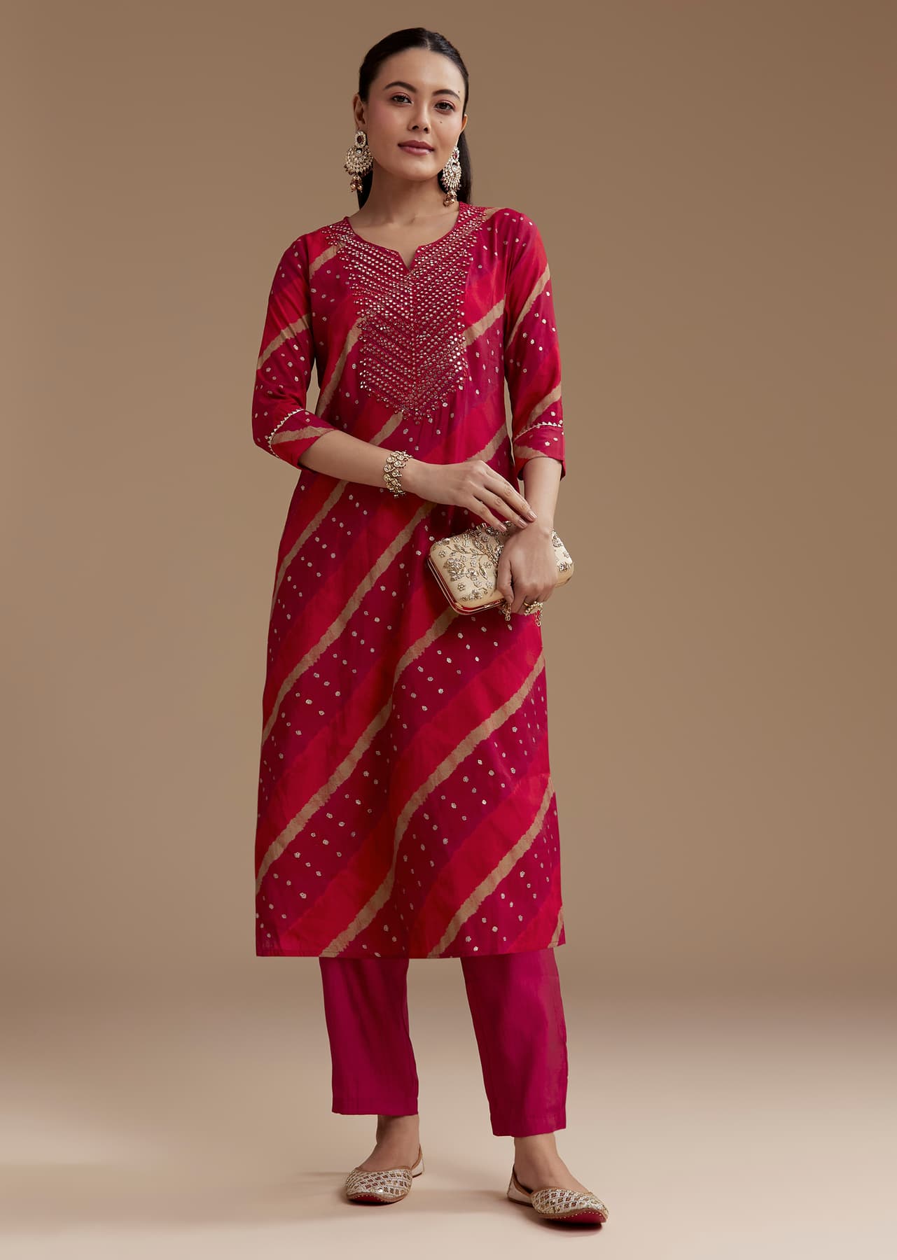 Women's Casual Red Cotton Silk Foil Mirror Kurta Set