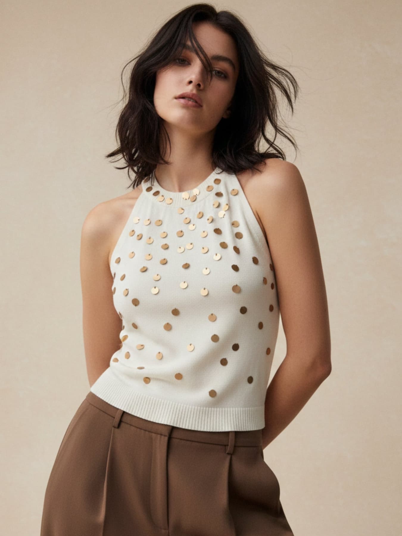 Women's Off White Halter Neck Sequined Tank