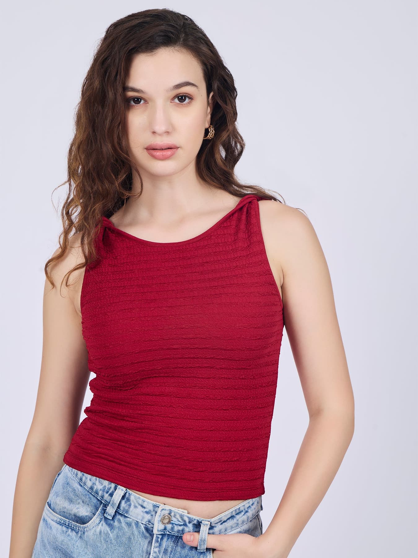 Women's Maroon Textured Knit Halter Neck Tank Top