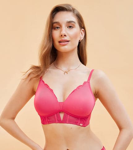 Women's Red Padded Wire-Free High-Coverage Lace Bralette Bra