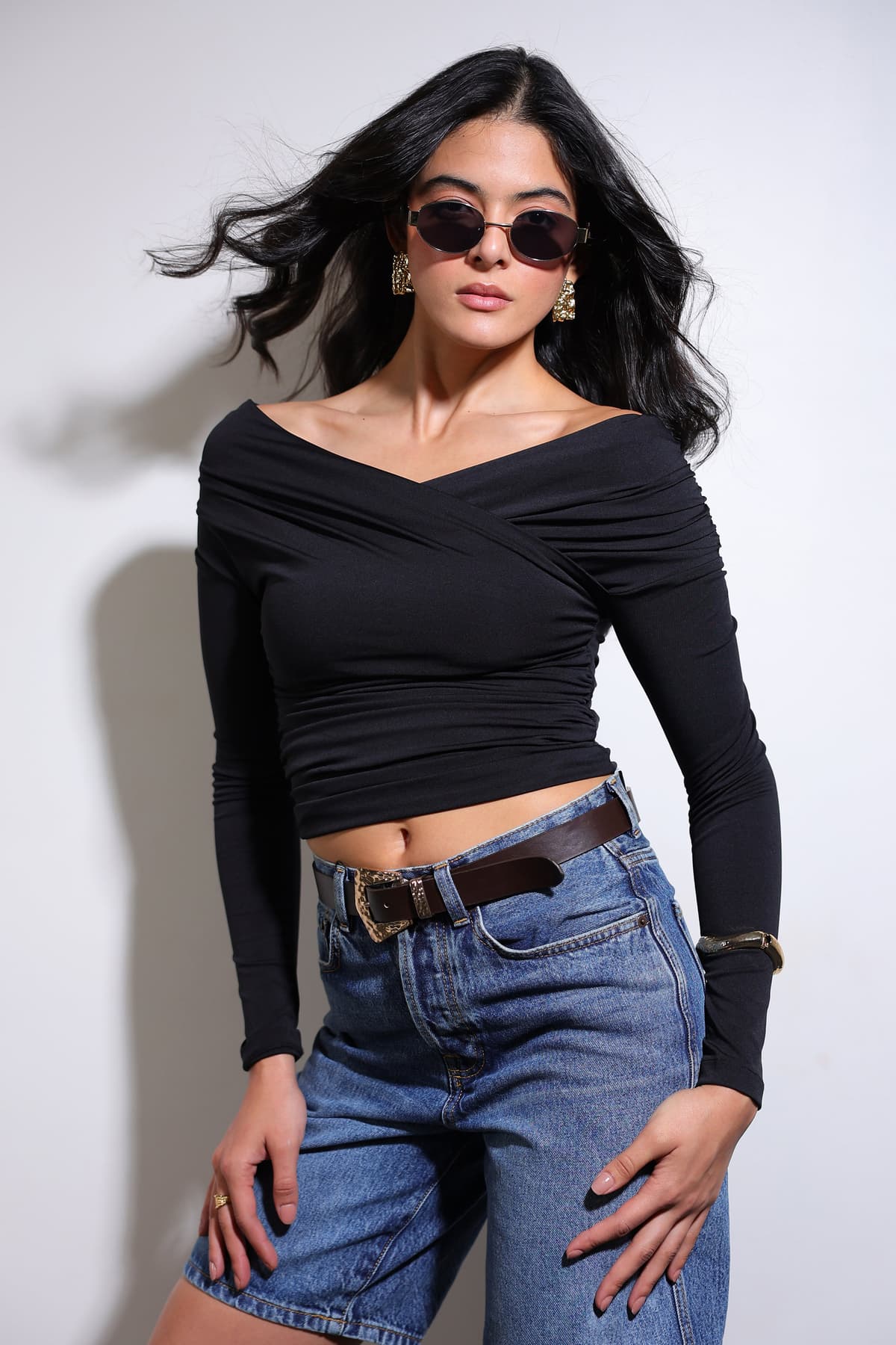 Women's Black Draped Surplice Neck Top