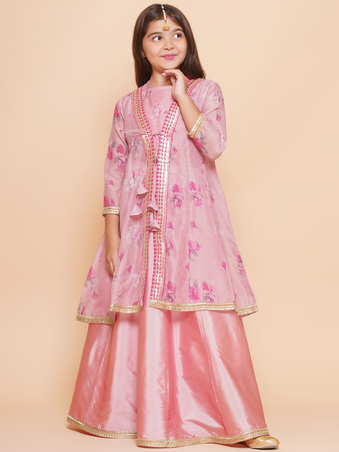 Girls Pink Floral Printed Ready To Wear Lehenga & Blouse With Shrug