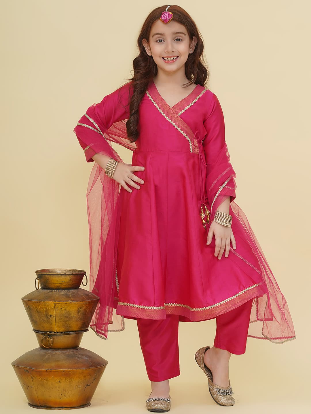 Girls Pink Angrakha Kurta Set With Dupatta