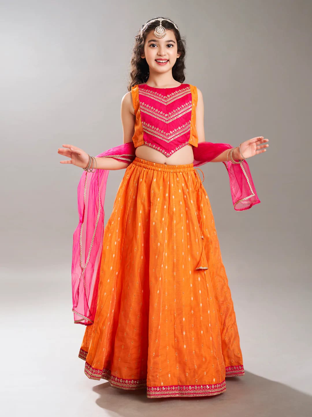 Girls Orange & Pink With Embroidered Ready To Wear Lehenga Choli With Dupatta