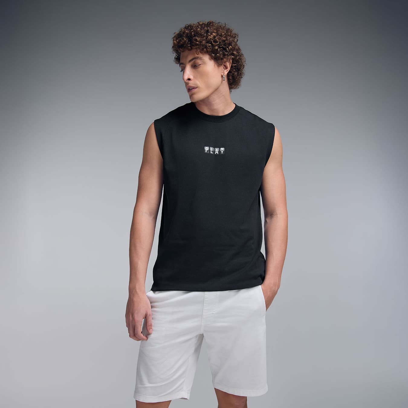 Men's Black Sports Solid Pull On Round Neck Half Sleeves Tank