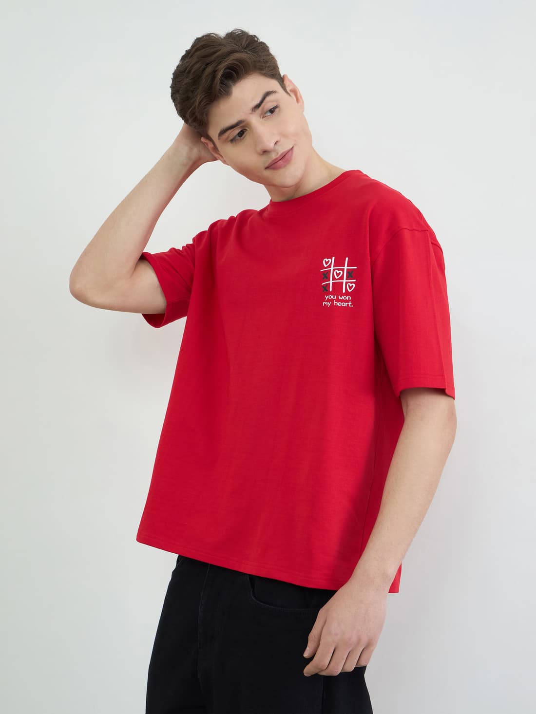Men's Red Casual Front Chest Embroidered Oversized Fit Terry Tshirt