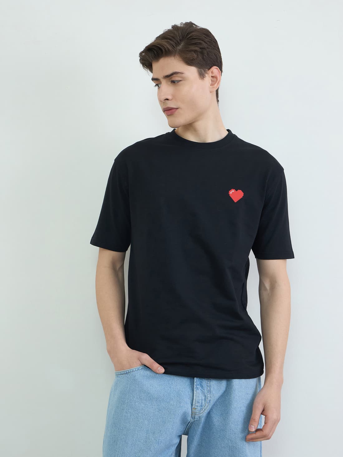Men's Black Casual Front Printed Oversized Fit Terry Tshirt