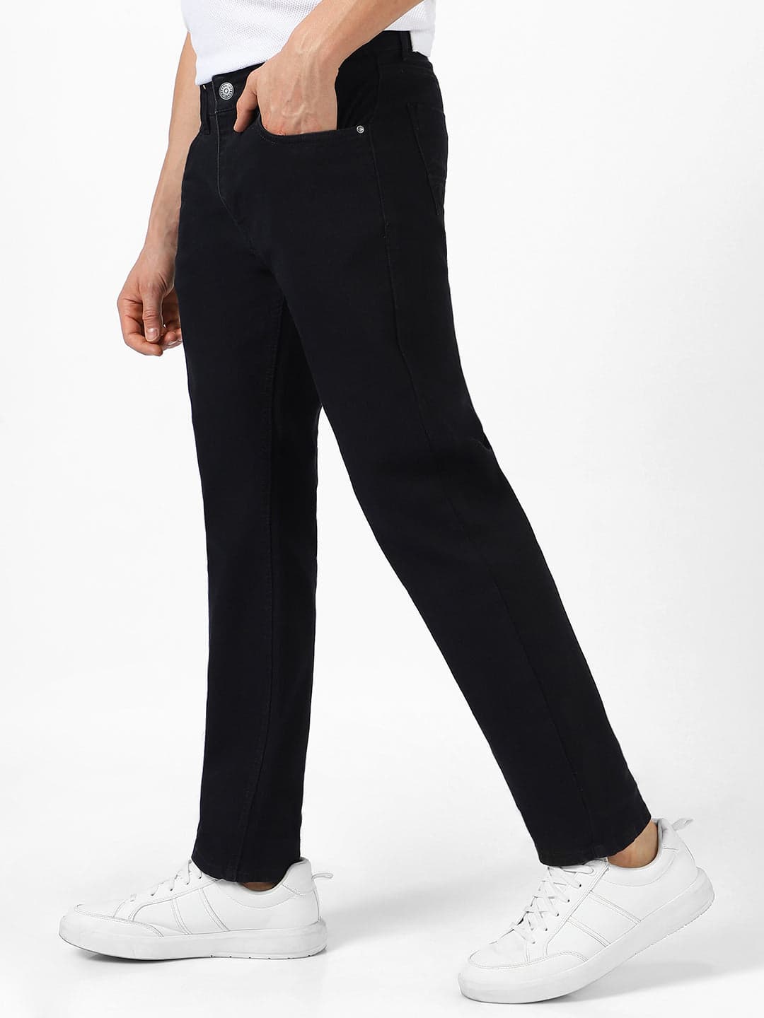 Men's Black Casual Regular Fit Solid Mid Rise Jeans