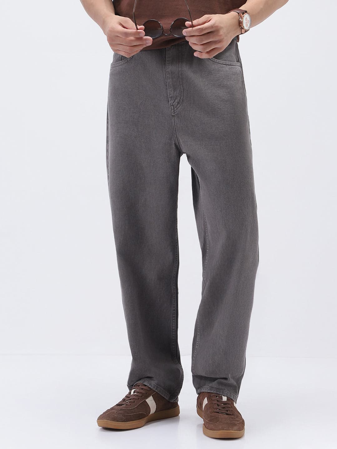 Men's Grey Casual Baggy Fit Solid Mid Rise Jeans