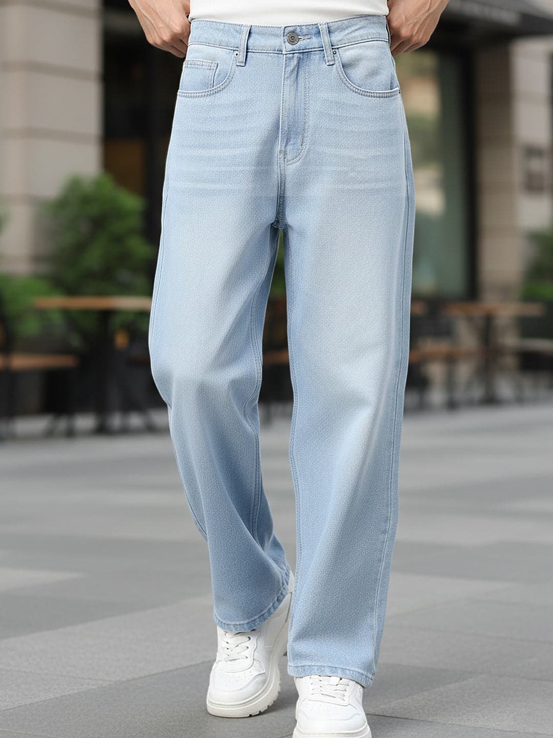 Men's Blue Casual Baggy Fit Solid Mid Rise Jeans