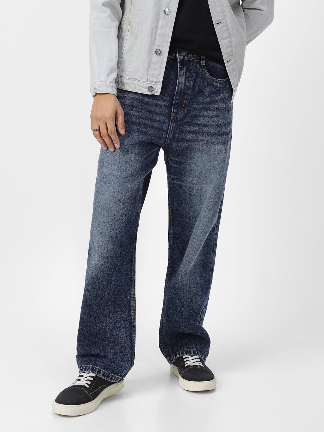 Men's Blue Casual Baggy Fit Solid Mid Rise Jeans